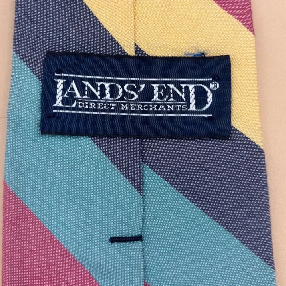 Lands End Vintage Mens Silk Cotton Striped Tie Hand Sewn USA Multi Color Preppy